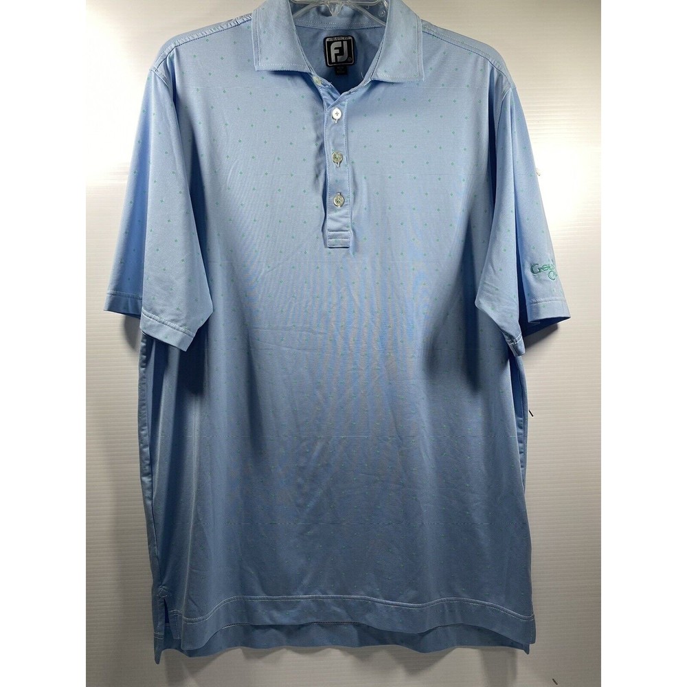 FootJoy Men's Blue Green Diamond Polka Dot Golf Shirt Polo Athletic Fit Size Lrg